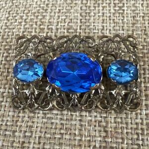 Electric sapphire blue crystal Czech brooch, vintage